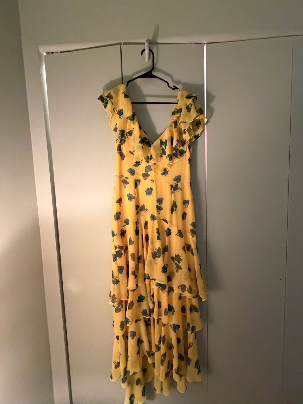 Wayf Yellow Floral High-Low Ruffle Maxi Dress